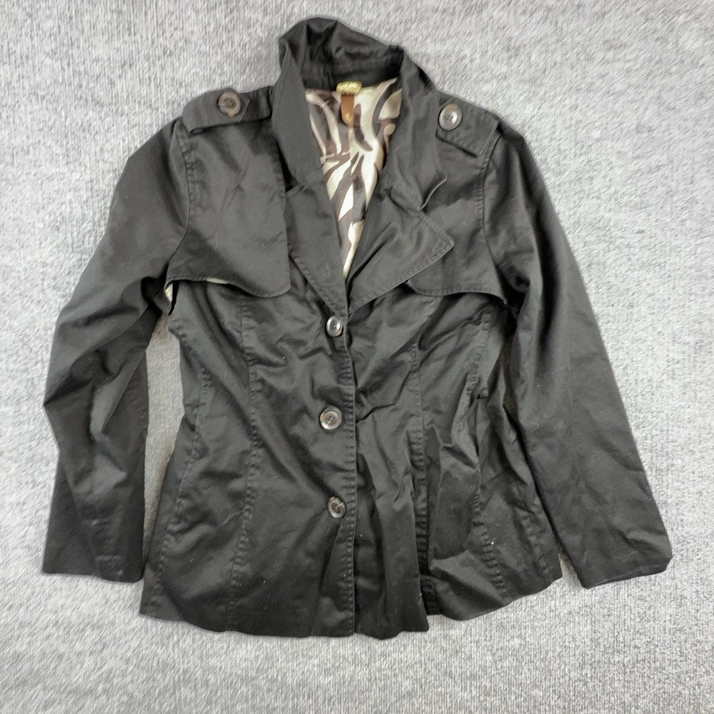 Boo Gemes Jacket Womens Medium Black Twill Button Front Lined Epaulet Casual